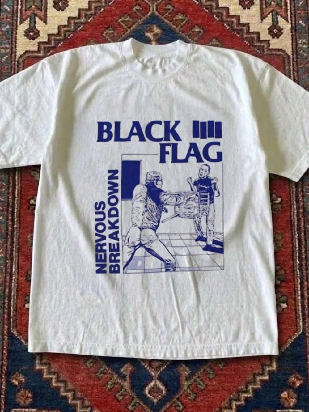 Gildan White Tee with Blue 'Black Flag' Nervous Breakdown Graphic